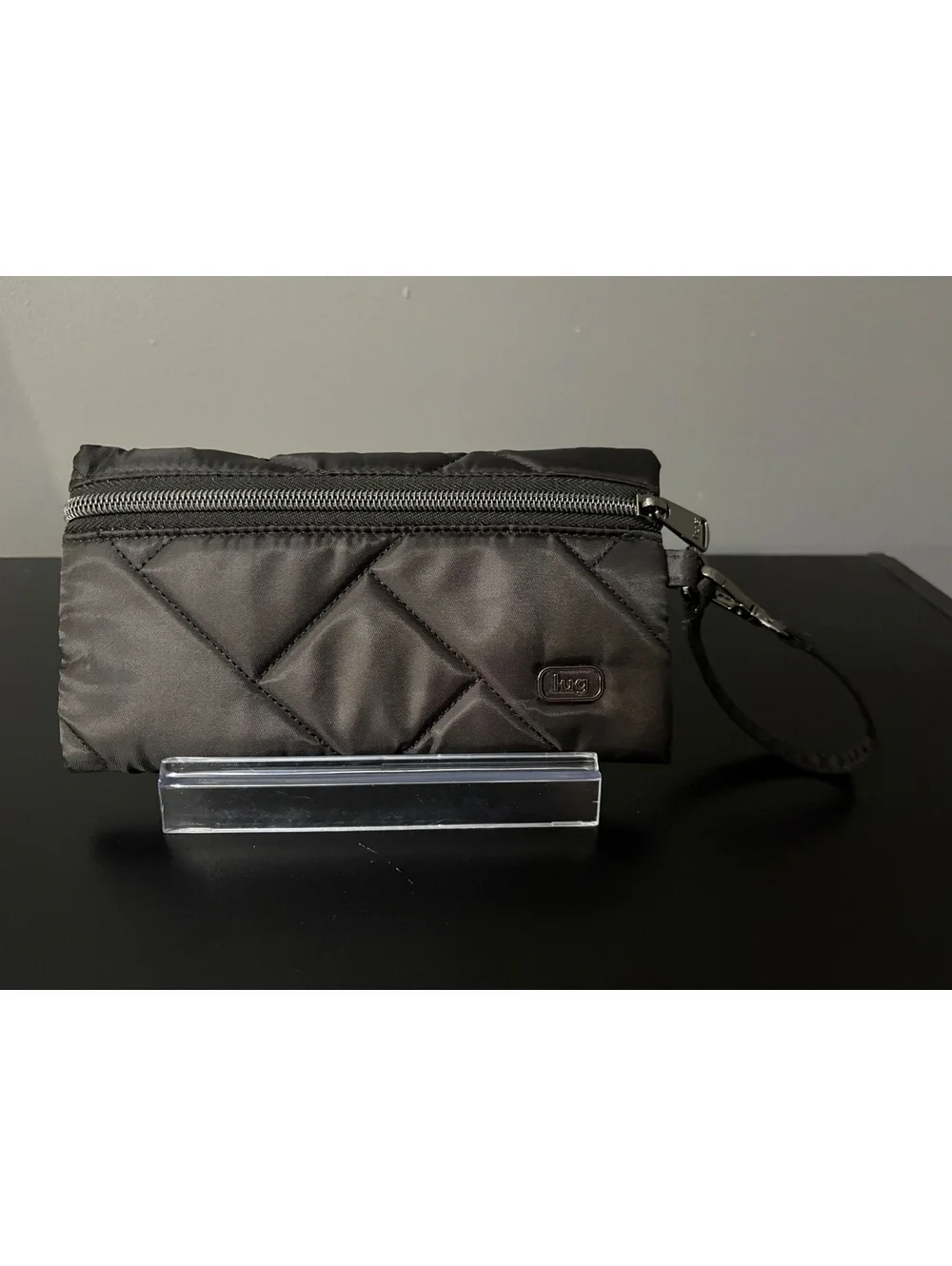 Lug Sway Quilted Pouch Wristlet Metallic Black Plaid Lining